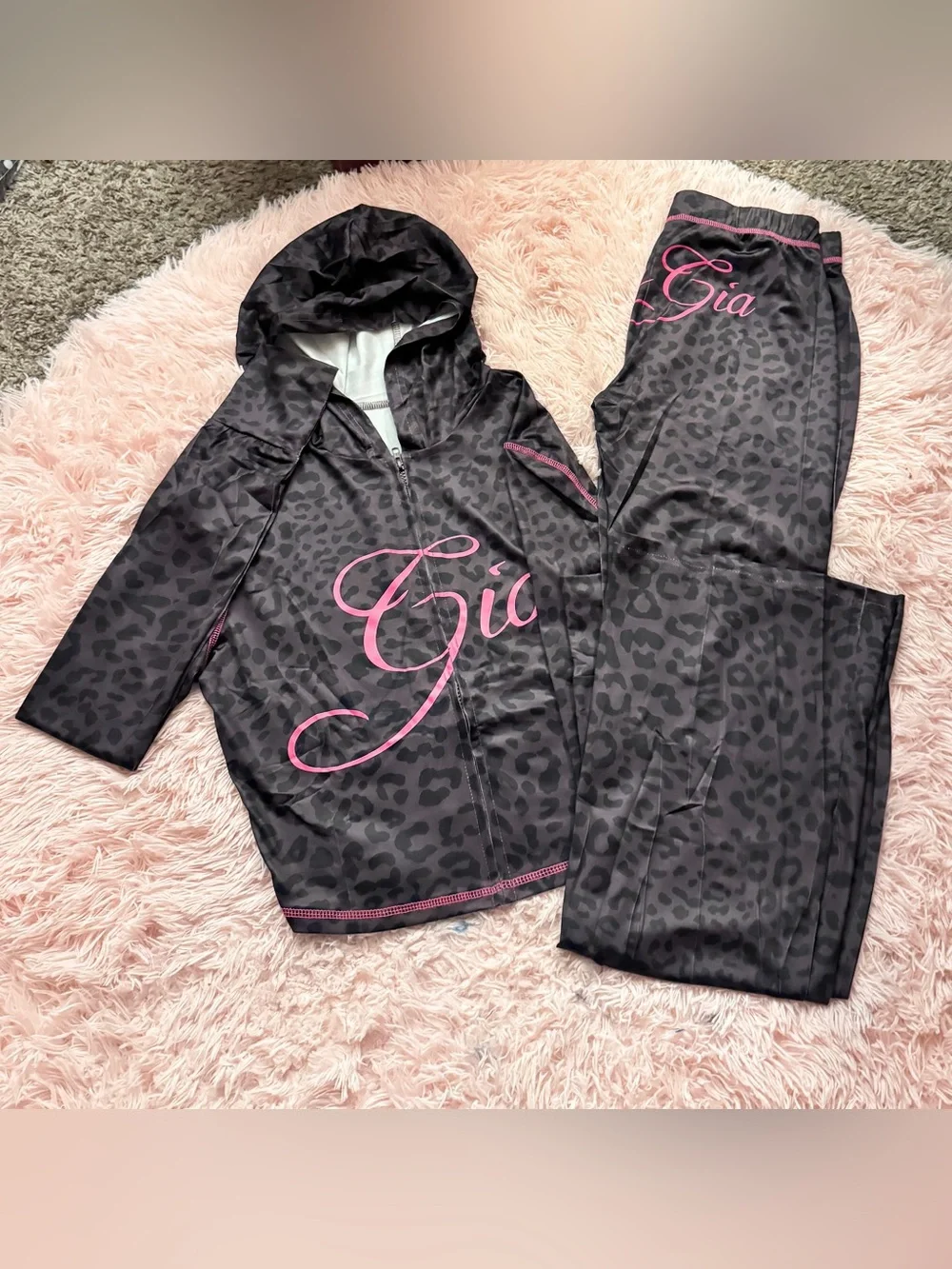 Girls Black Leopard Print Hoodie & Pants Pajama Set with Pink Script